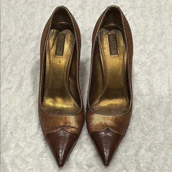 Prada sequin leather Brown and copper Women's Shoes size 36.5 stiletto pumps - Picture 1 of 11